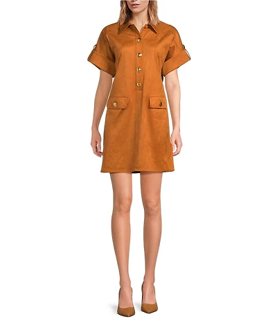 Trina Turk Sequoia Faux Suede Point Collar Short Sleeve Shift Dress