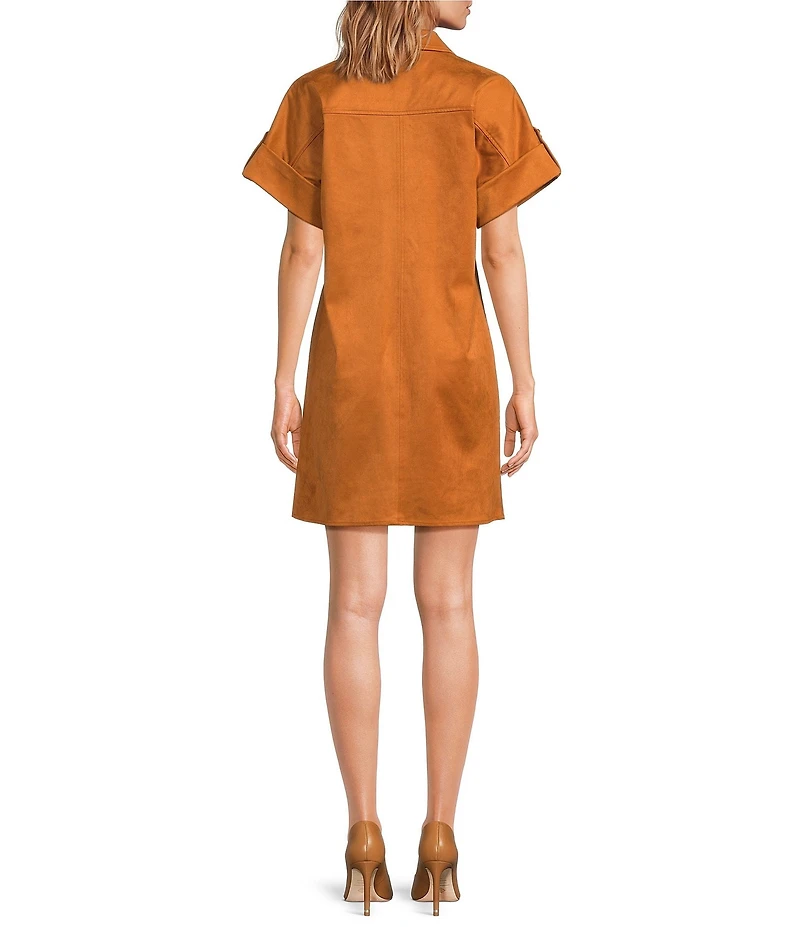 Trina Turk Sequoia Faux Suede Point Collar Short Sleeve Shift Dress
