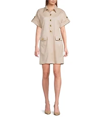 Trina Turk Sequoia Faux Suede Point Collar Short Sleeve Shift Dress
