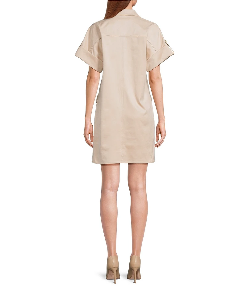 Trina Turk Sequoia Faux Suede Point Collar Short Sleeve Shift Dress
