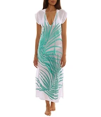 Trina Turk Sheer Tropics Hooded V-Neck Maxi Dress Swim Cover-Up