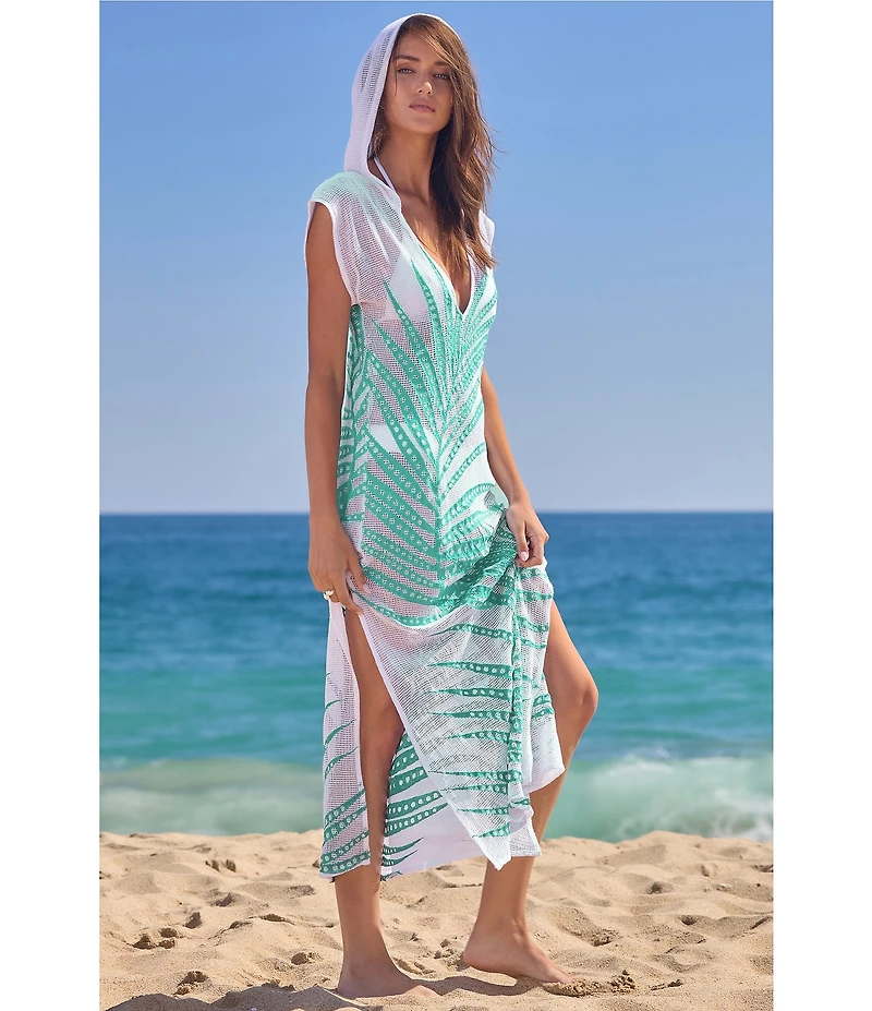 Trina Turk Sheer Tropics Hooded V-Neck Maxi Dress Swim Cover-Up
