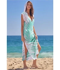 Trina Turk Sheer Tropics Hooded V-Neck Maxi Dress Swim Cover-Up