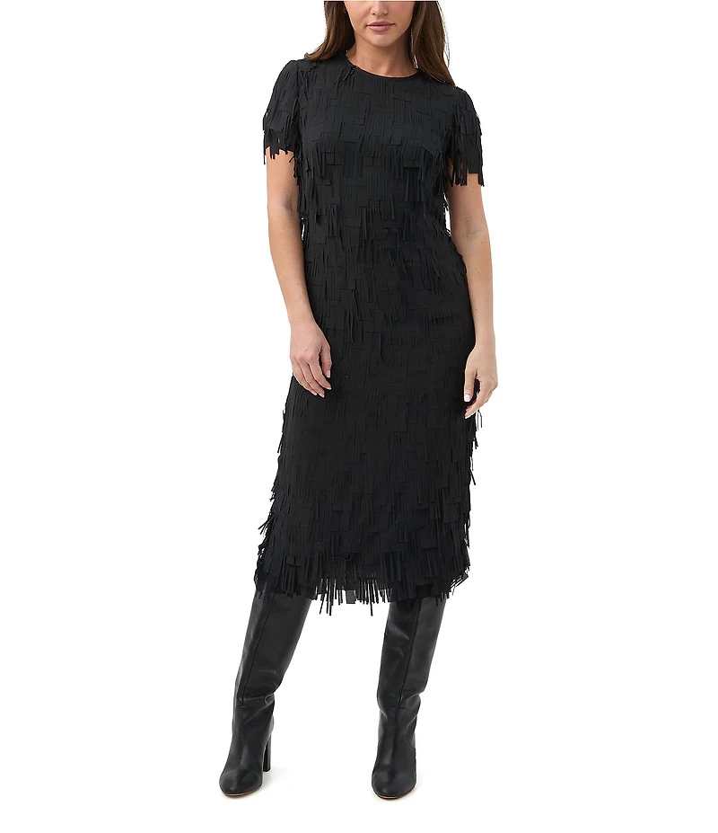 Trina Turk Silkoak Chiffon Fringe Round Neck Short Sleeve Midi Dress