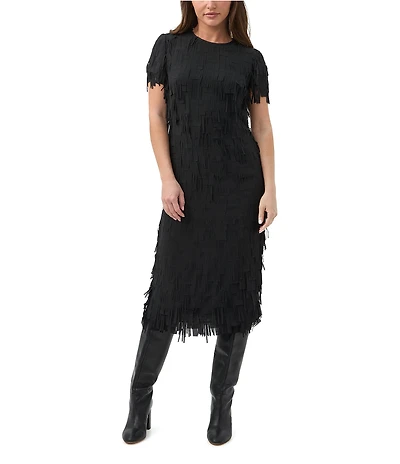 Trina Turk Silkoak Chiffon Fringe Round Neck Short Sleeve Midi Dress