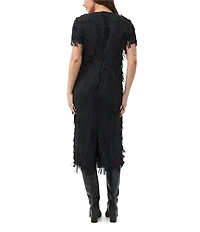 Trina Turk Silkoak Chiffon Fringe Round Neck Short Sleeve Midi Dress