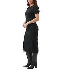 Trina Turk Silkoak Chiffon Fringe Round Neck Short Sleeve Midi Dress