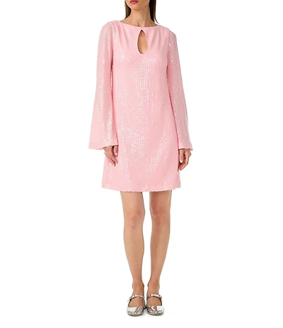 Trina Turk Singles Sequin Keyhole Boat Neck Long Bell Sleeve A-Line Dress