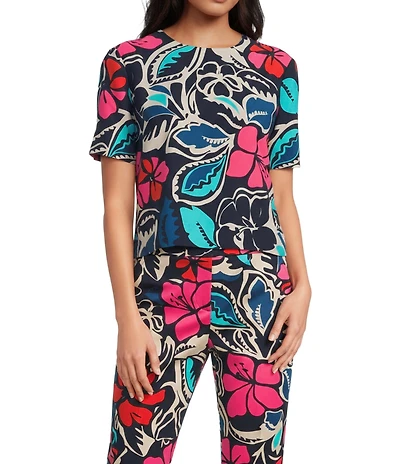 Trina Turk Sitio Floral Printed Georgette Round Neck Short Sleeve Top