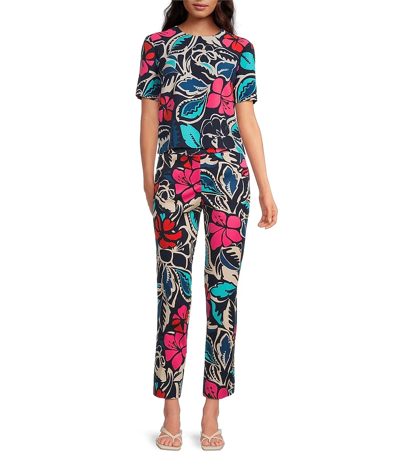 Trina Turk Sitio Floral Printed Georgette Round Neck Short Sleeve Top