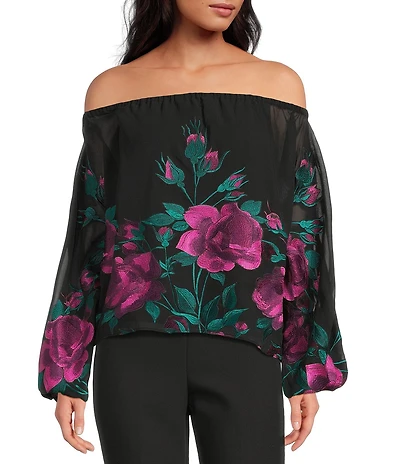 Trina Turk Soho Embroidered Floral Printed Mesh Off-The-Shoulder Long Sleeve Top