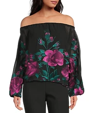 Trina Turk Soho Embroidered Floral Printed Mesh Off-The-Shoulder Long Sleeve Top