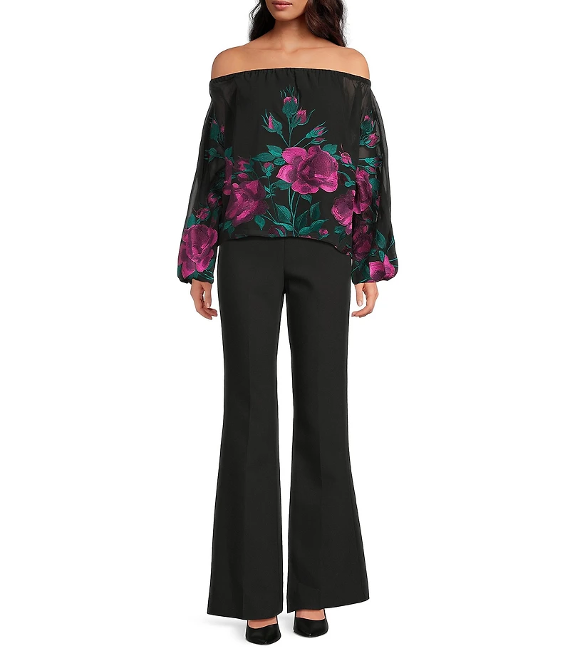 Trina Turk Soho Embroidered Floral Printed Mesh Off-The-Shoulder Long Sleeve Top