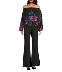 Trina Turk Soho Embroidered Floral Printed Mesh Off-The-Shoulder Long Sleeve Top