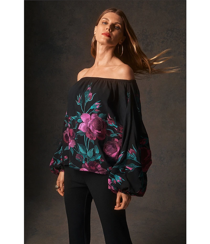Trina Turk Soho Embroidered Floral Printed Mesh Off-The-Shoulder Long Sleeve Top
