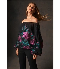 Trina Turk Soho Embroidered Floral Printed Mesh Off-The-Shoulder Long Sleeve Top