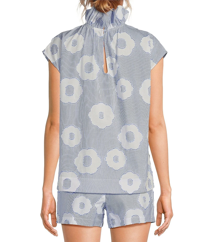 Trina Turk Sont Cassis Cotton Floral Print Mock Ruffle Neck Cap Sleeve Coordinating Top