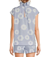 Trina Turk Sont Cassis Cotton Floral Print Mock Ruffle Neck Cap Sleeve Coordinating Top