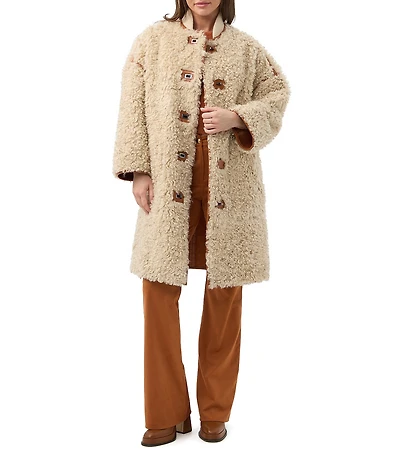 Trina Turk Spartan Reversible Faux Fur Suede Stand Collar Long Sleeve Coat