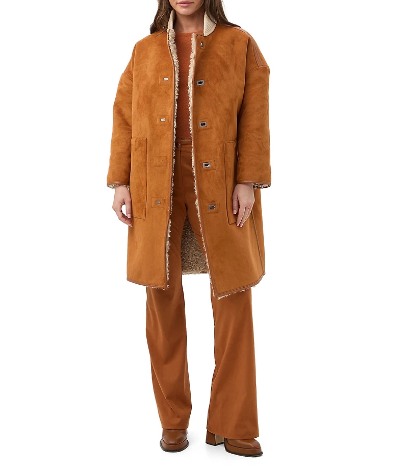 Trina Turk Spartan Reversible Faux Fur Suede Stand Collar Long Sleeve Coat