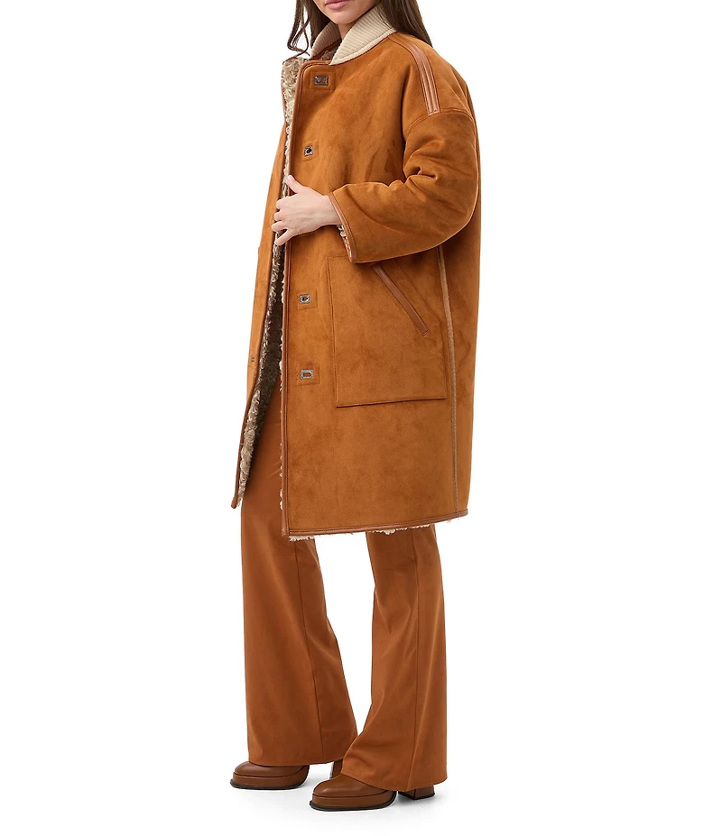 Trina Turk Spartan Reversible Faux Fur Suede Stand Collar Long Sleeve Coat