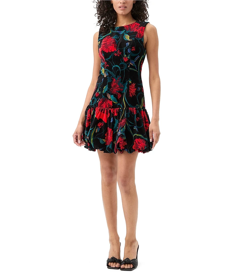 Trina Turk Splendored Floral Velveteen Crew Neck Sleeveless Bubble Dress