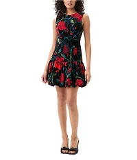 Trina Turk Splendored Floral Velveteen Crew Neck Sleeveless Bubble Dress