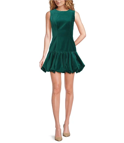 Trina Turk Splendored Velveteen Round Neck Sleeveless Drop Waist Bubble Hem Dress