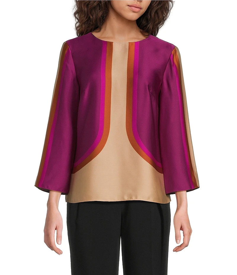 Trina Turk Sprig Coordinating Place Print Satin Round Neck Bracelet Sleeve Top