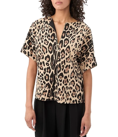 Trina Turk Stagehands Leopard Knit Jacquard Zip V-Neck Short Sleeve Top