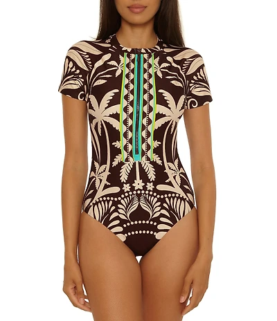 Trina Turk Syros Short Sleeve Zip Front One Piece Swimsuit