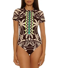 Trina Turk Syros Short Sleeve Zip Front One Piece Swimsuit
