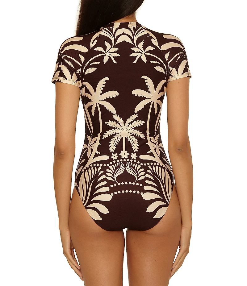Trina Turk Syros Short Sleeve Zip Front One Piece Swimsuit