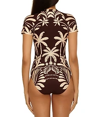 Trina Turk Syros Short Sleeve Zip Front One Piece Swimsuit