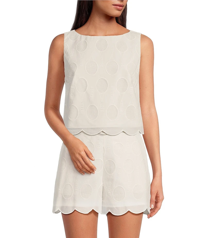 Trina Turk Tennie Eyelet Boat Neck Sleeveless Scallop Top