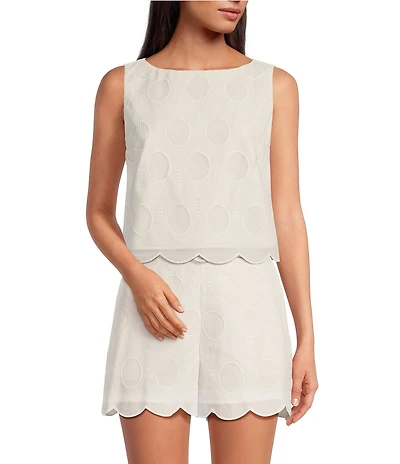 Trina Turk Tennie Eyelet Boat Neck Sleeveless Scallop Top
