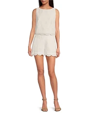Trina Turk Tennie Eyelet Boat Neck Sleeveless Scallop Top