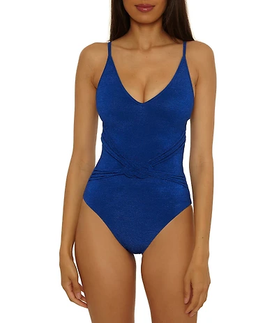 Trina Turk Textured Solid Crepe V-Neck Braided Knot One Piece Swimsuit