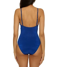 Trina Turk Textured Solid Crepe V-Neck Braided Knot One Piece Swimsuit