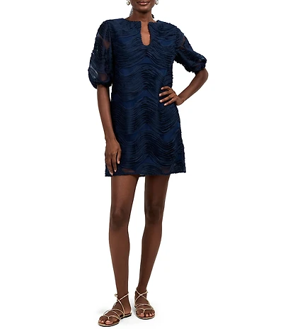 Trina Turk Torchino Novelty Organza Horseshoe Neck Short Sleeve Dress