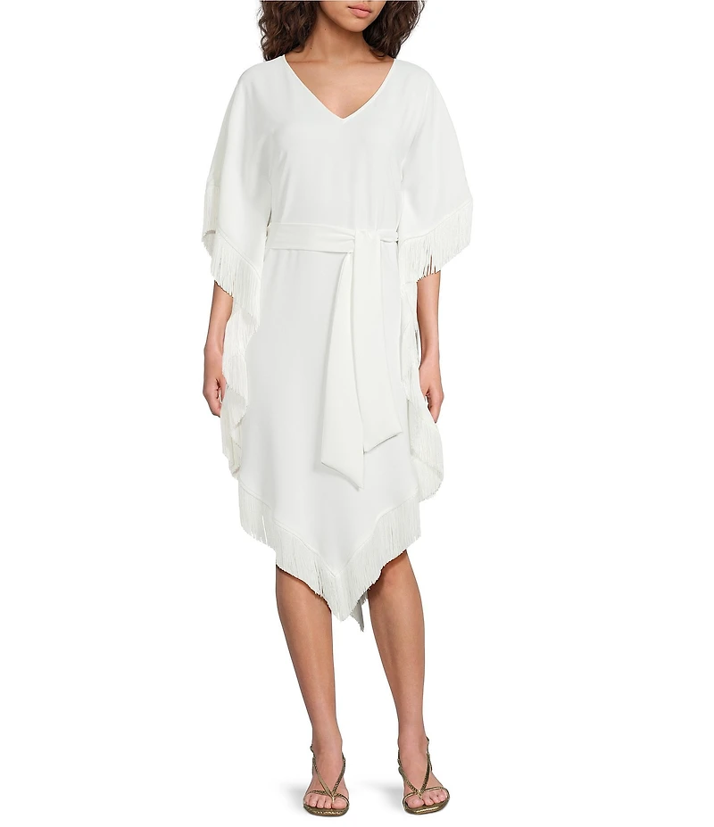 Trina Turk Toulouse Double Georgette V-Neck Short Sleeve Tie Waist Fringe Caftan Dress