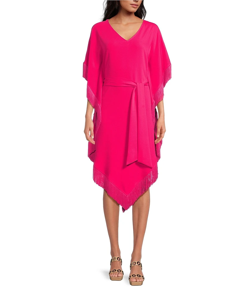 Trina Turk Toulouse Double Georgette V-Neck Short Sleeve Tie Waist Fringe Caftan Dress
