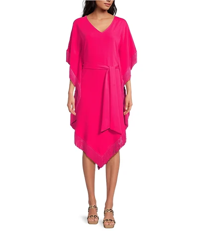 Trina Turk Toulouse Double Georgette V-Neck Short Sleeve Tie Waist Fringe Caftan Dress