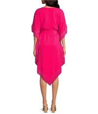 Trina Turk Toulouse Double Georgette V-Neck Short Sleeve Tie Waist Fringe Caftan Dress