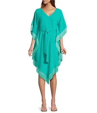 Trina Turk Toulouse Double Georgette V-Neck Short Sleeve Tie Waist Fringe Caftan Dress