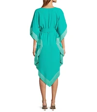 Trina Turk Toulouse Double Georgette V-Neck Short Sleeve Tie Waist Fringe Caftan Dress
