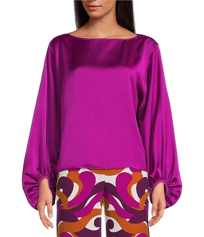 Trina Turk Ursa Satin Boat Neck Long Balloon Sleeve Top