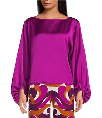 Trina Turk Ursa Satin Boat Neck Long Balloon Sleeve Top