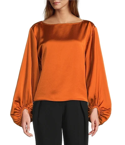 Trina Turk Ursa Satin Boat Neck Long Balloon Sleeve Top