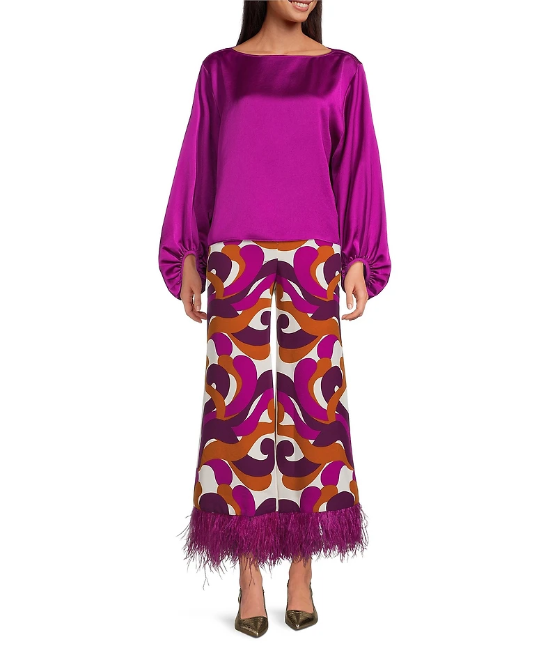 Trina Turk Ursa Satin Boat Neck Long Balloon Sleeve Top